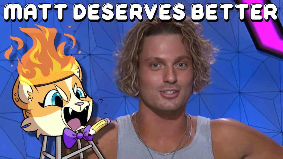 A picture of an anthropomorphic grill looking extremely angry next to several Matt Klutz from Big Brother 25